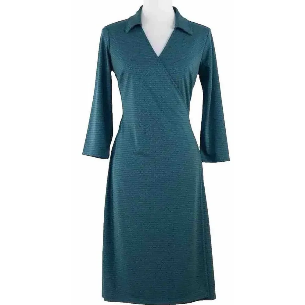 LOFT Size 2 Teal Green Black Printed Wrap Dress Long Sleeve - Picture 1 of 8